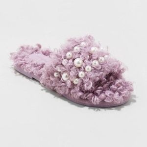 Cat & Jack Girls' Adeline Slip-On Fuzzy Pearl Embellished Slide Slippers Purple